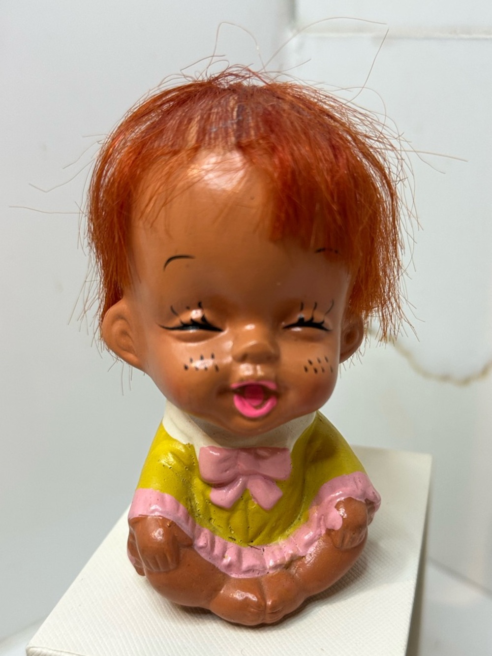 Vintage 1960s Ceramic Baby Doll Figurine Red Hair Big Eye Kitsch Japan Style